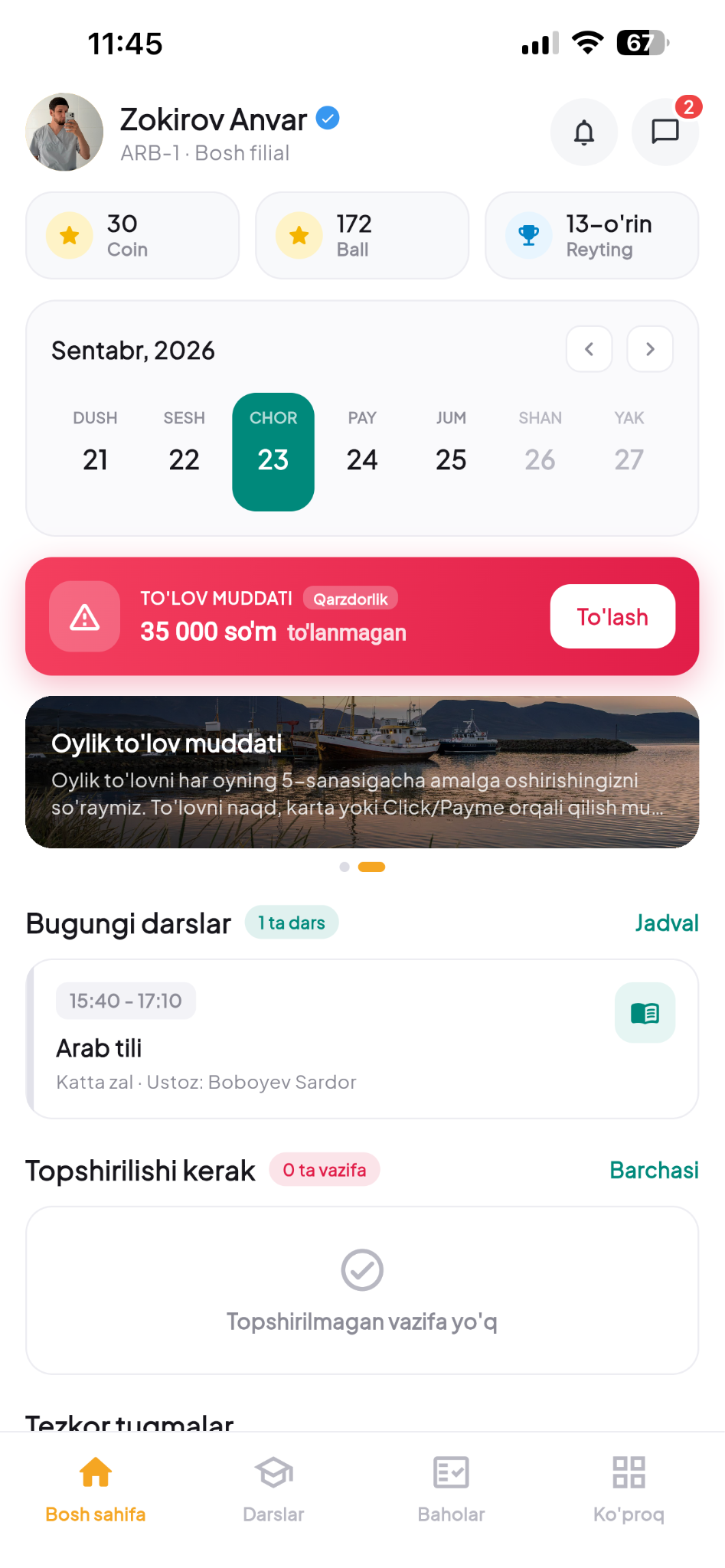 O'quvchi mobil ilovasi ekran surati